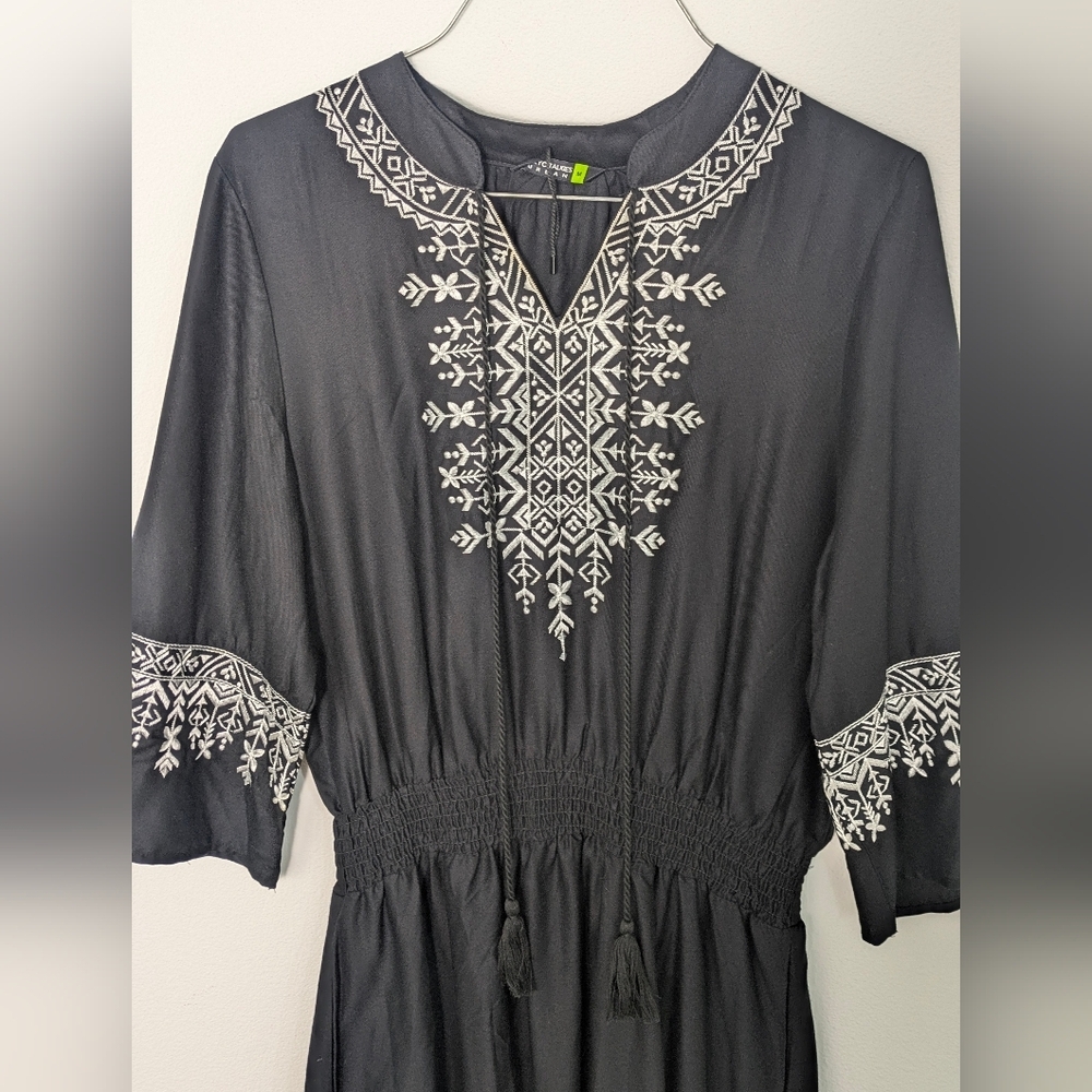 Tokio Talking New Embroidered Boho Mini Dress, Size M, Black White Embellished - Picture 5 of 16
